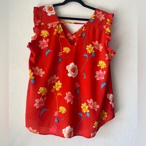 LOFT Red Floral Ruffle Blouse